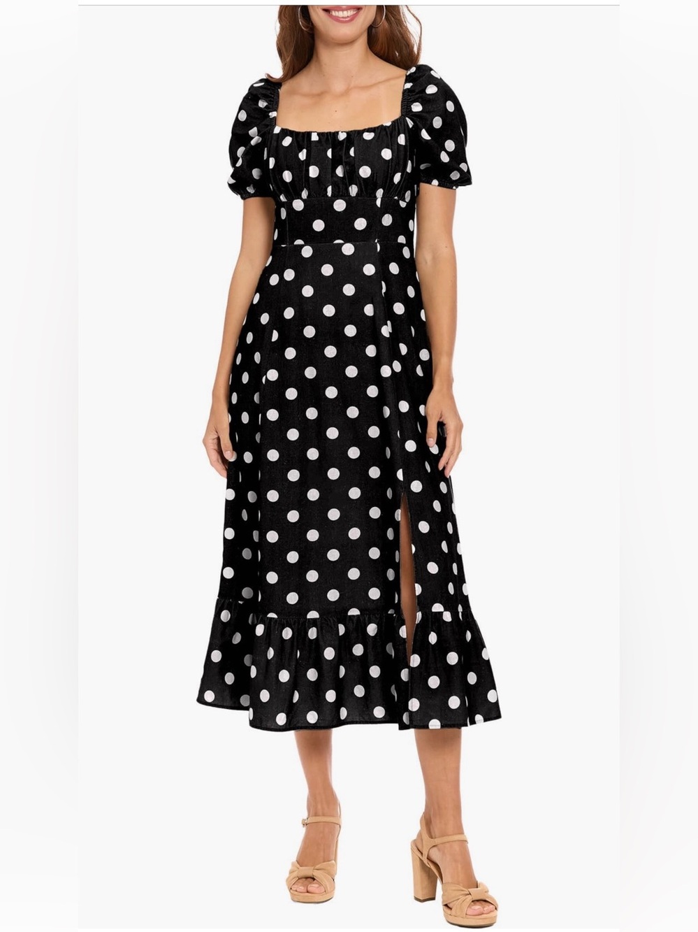 Nordstrom London Times  Black and White Polka Dot Midi Dress with Puff Sleeves 6